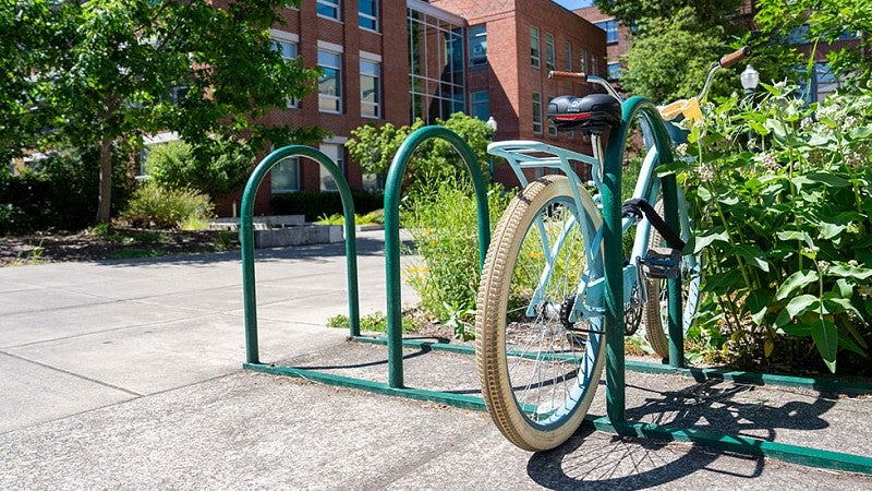 Bike in bike rack on campus