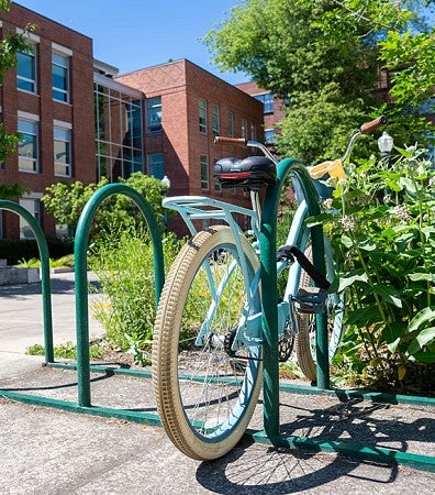 Bike in bike rack on campus